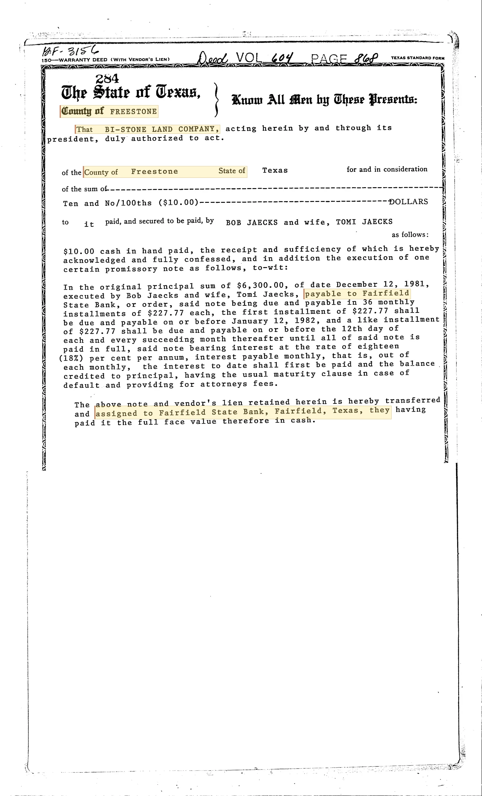 Bi-Stone Land Co., Inc. Warranty Deed & Subsurface Reservation (Freestone County)