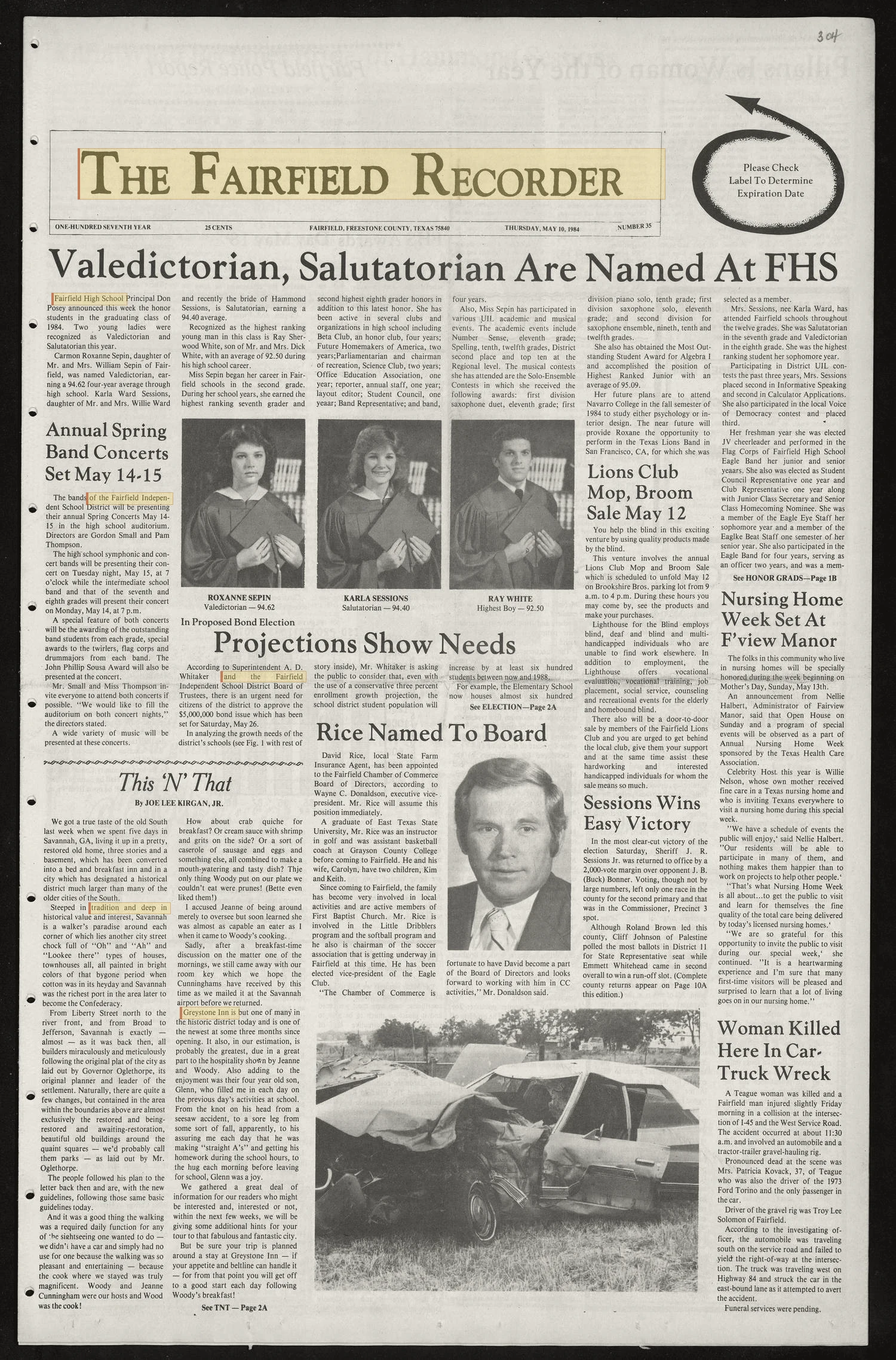 The Fairfield Recorder (Fairfield, Tex.), Vol. 107, No. 35, Ed. 1 Thursday, May 10, 1984
